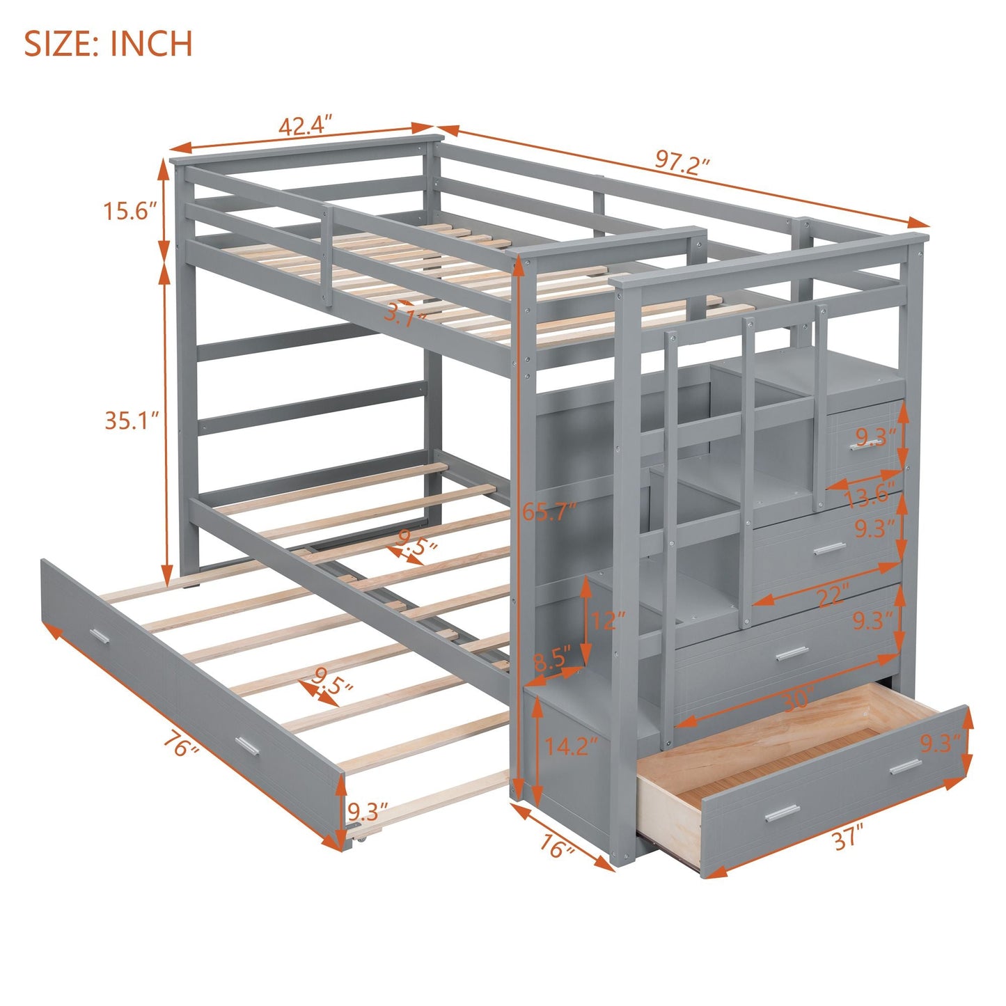 Shared Room Solution Twin Over Twin Wood Bunk Bed with Trundle and Staircase, Gray | Just Better Bunk Beds
