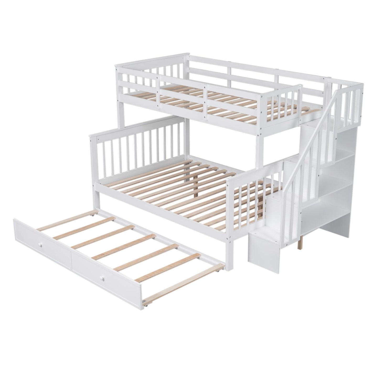 Staircase Storage Twin Over Full Wood Bunk Bed with Trundle, Storage, and Guard Rail, White | Just Better Bunk Beds