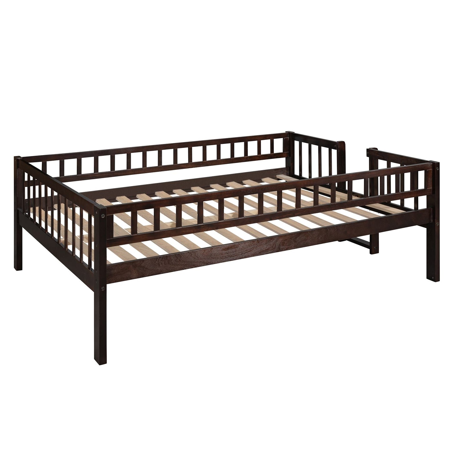 Shared Room Solution Full Over Full Over Full Wood Triple Bunk Bed with Ladder, Slide, Guardrails, Espresso | Just Better Bunk Beds