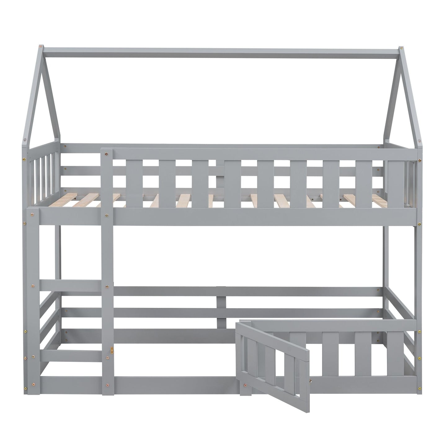 Kids Bedroom Twin Over Twin Wood House Bunk Bed with Fence and Door, Gray | Just Better Bunk Beds