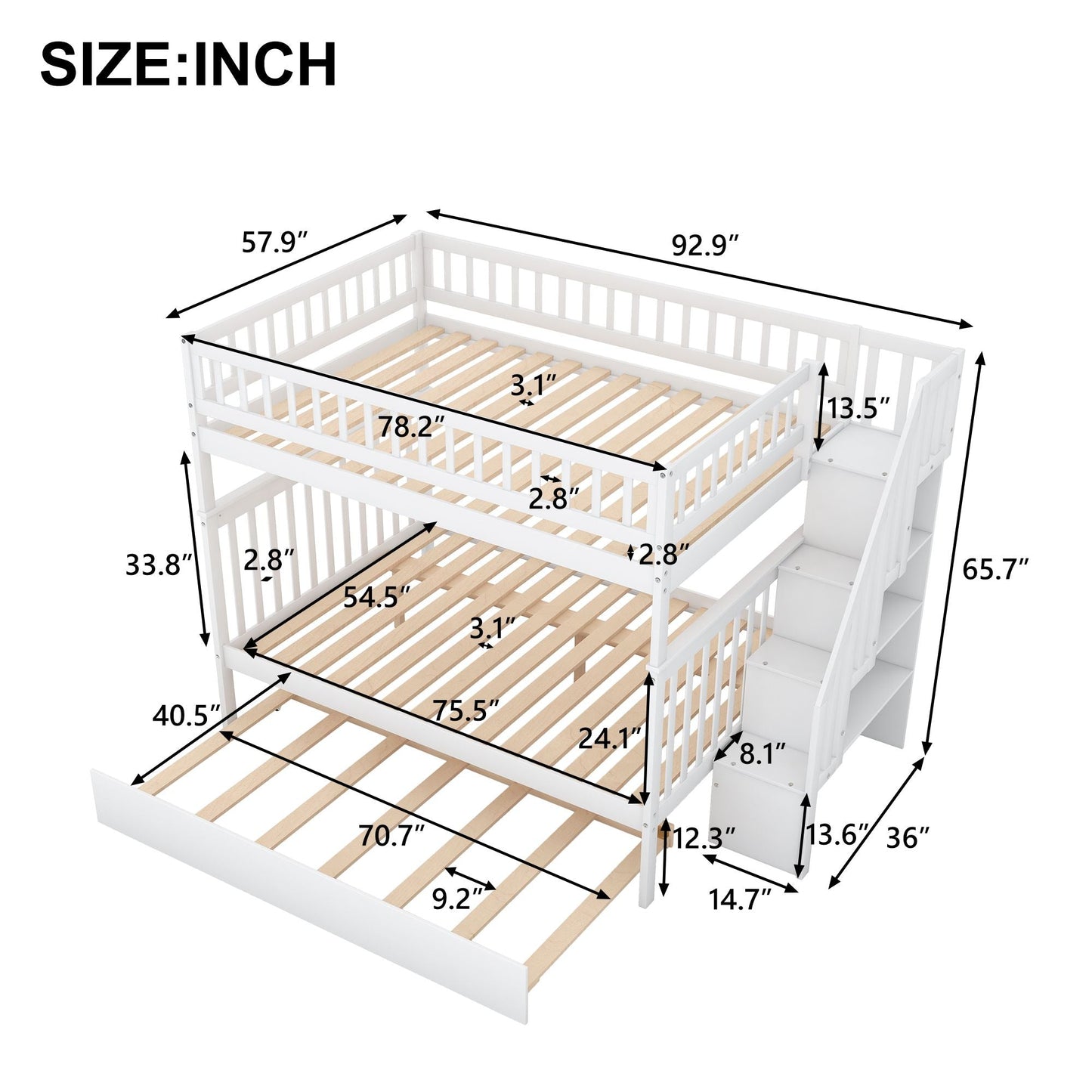 Staircase Storage Full Over Full Wood Bunk Bed with Trundle, White | Just Better Bunk Beds