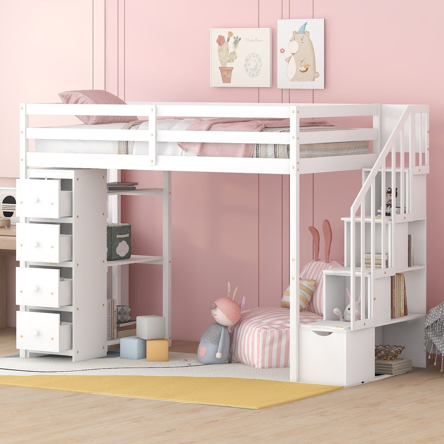 Kids Bedroom Twin Wood Loft Bed with Storage Drawers and Stairs, Espresso | Just Better Bunk Beds