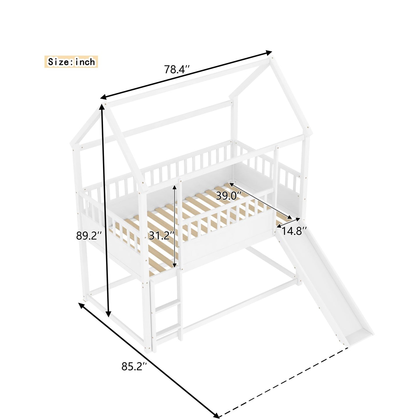House-Style Twin Over Twin Wood Bunk Bed with Convertible Slide and Guardrail, White | Just Better Bunk Beds