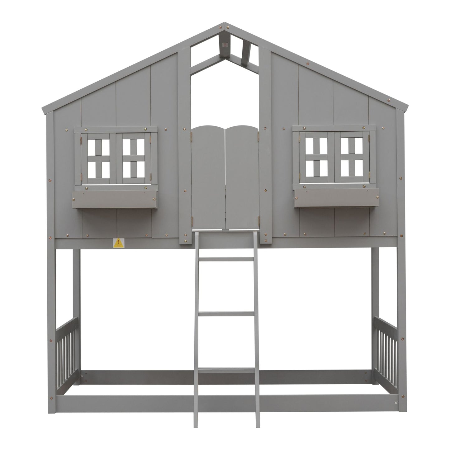 House-Style Twin Over Twin Wood Bunk Bed with Roof, Window, Door, and Ladder, Multiple Colors | Just Better Bunk Beds