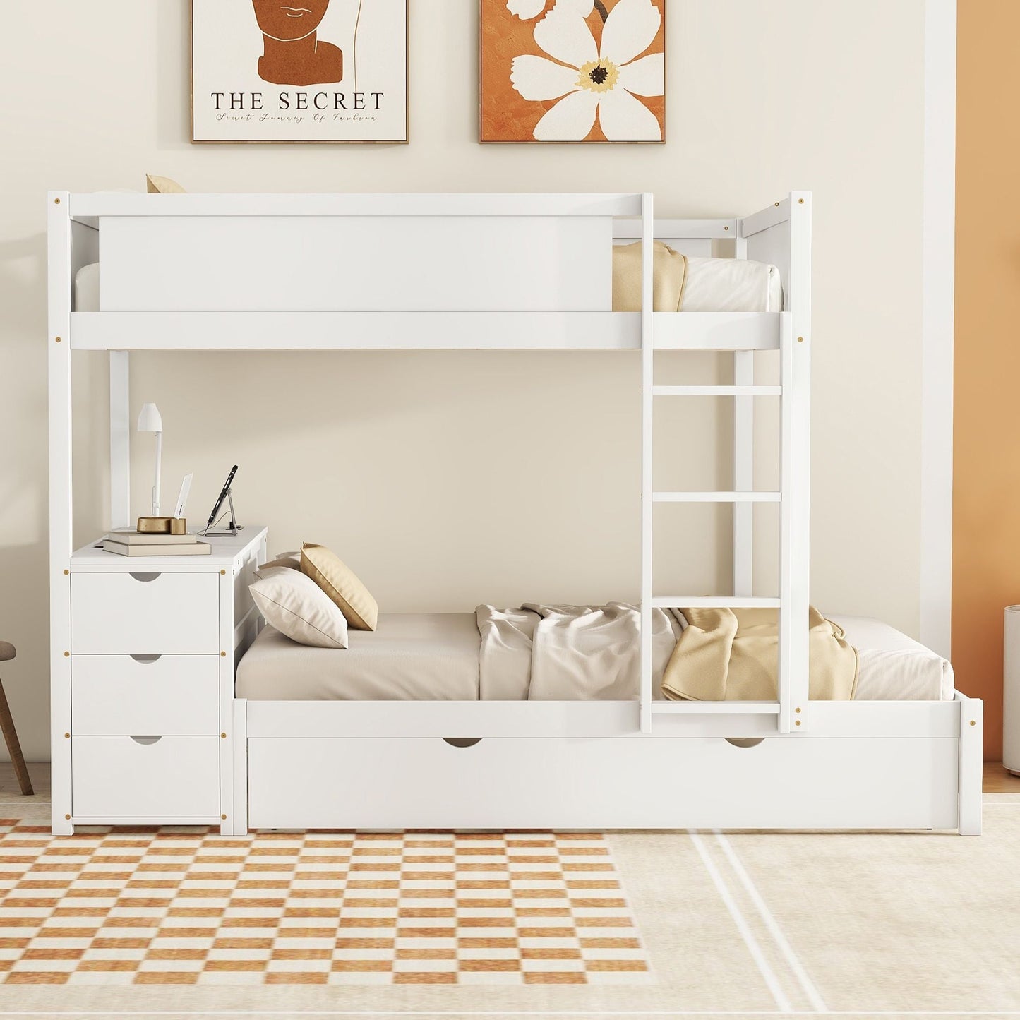 Multi-Functional Full Over Full Wood Bunk Bed with Twin Trundle, Storage, Desk, White | Just Better Bunk Beds