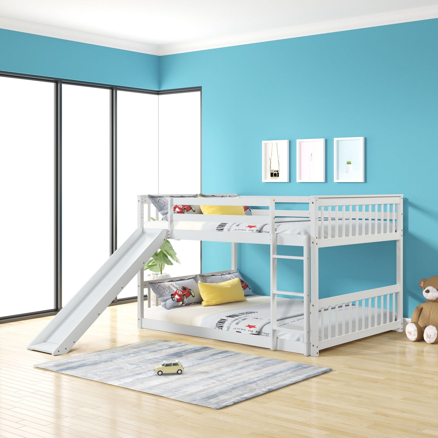 Space-Saving Full Over Full Wood Bunk Bed with Slide and Safety Guardrails, White | Just Better Bunk Beds