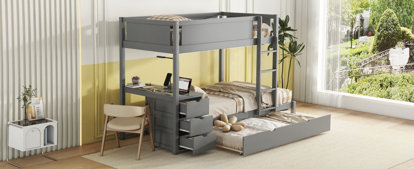 Space-Saving Twin Over Twin Wood Bunk Bed with Twin Trundle, Storage, Desk, Gray | Just Better Bunk Beds