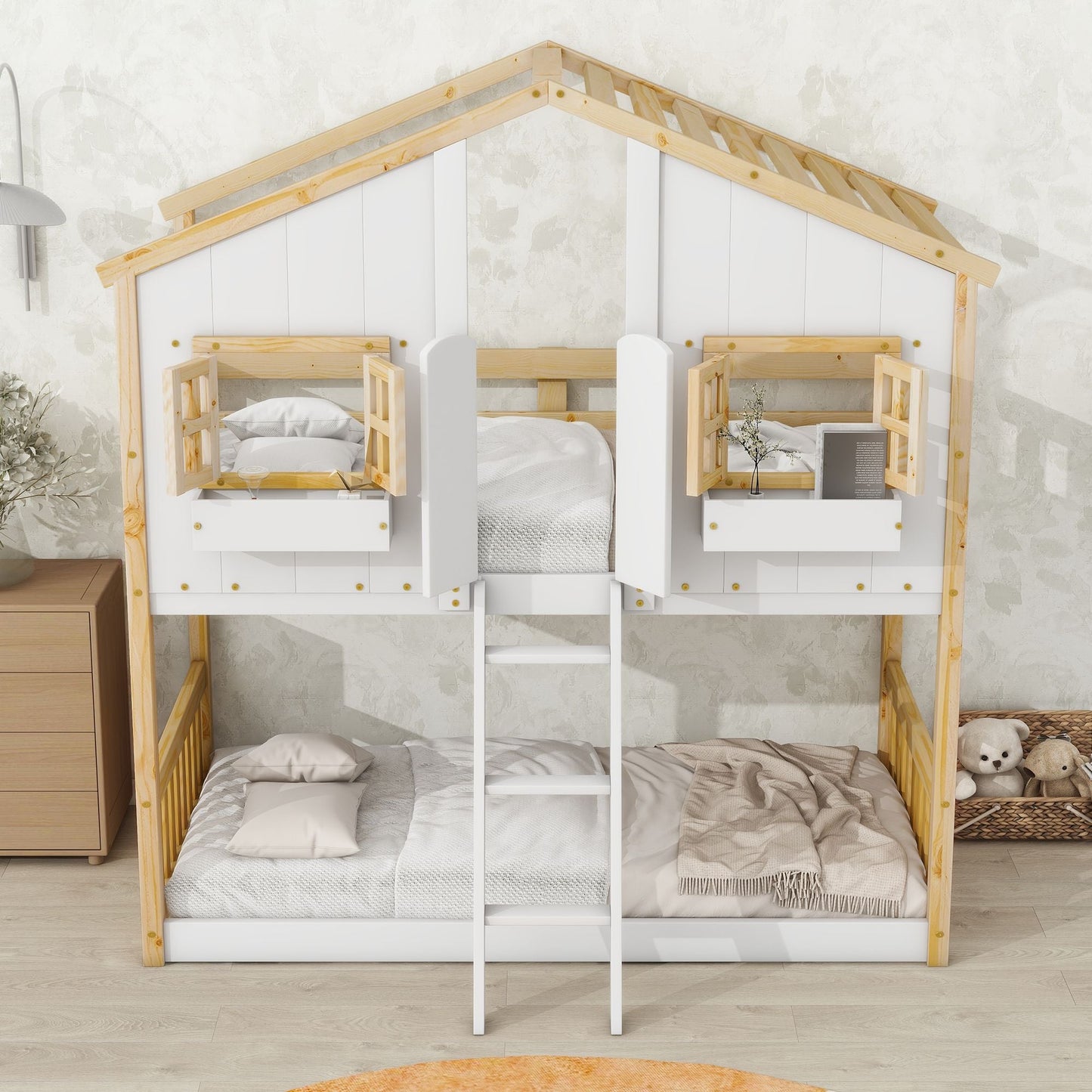 House-Style Twin Over Twin Wood Bunk Bed with Roof, Window, Door, and Ladder, Multiple Colors | Just Better Bunk Beds