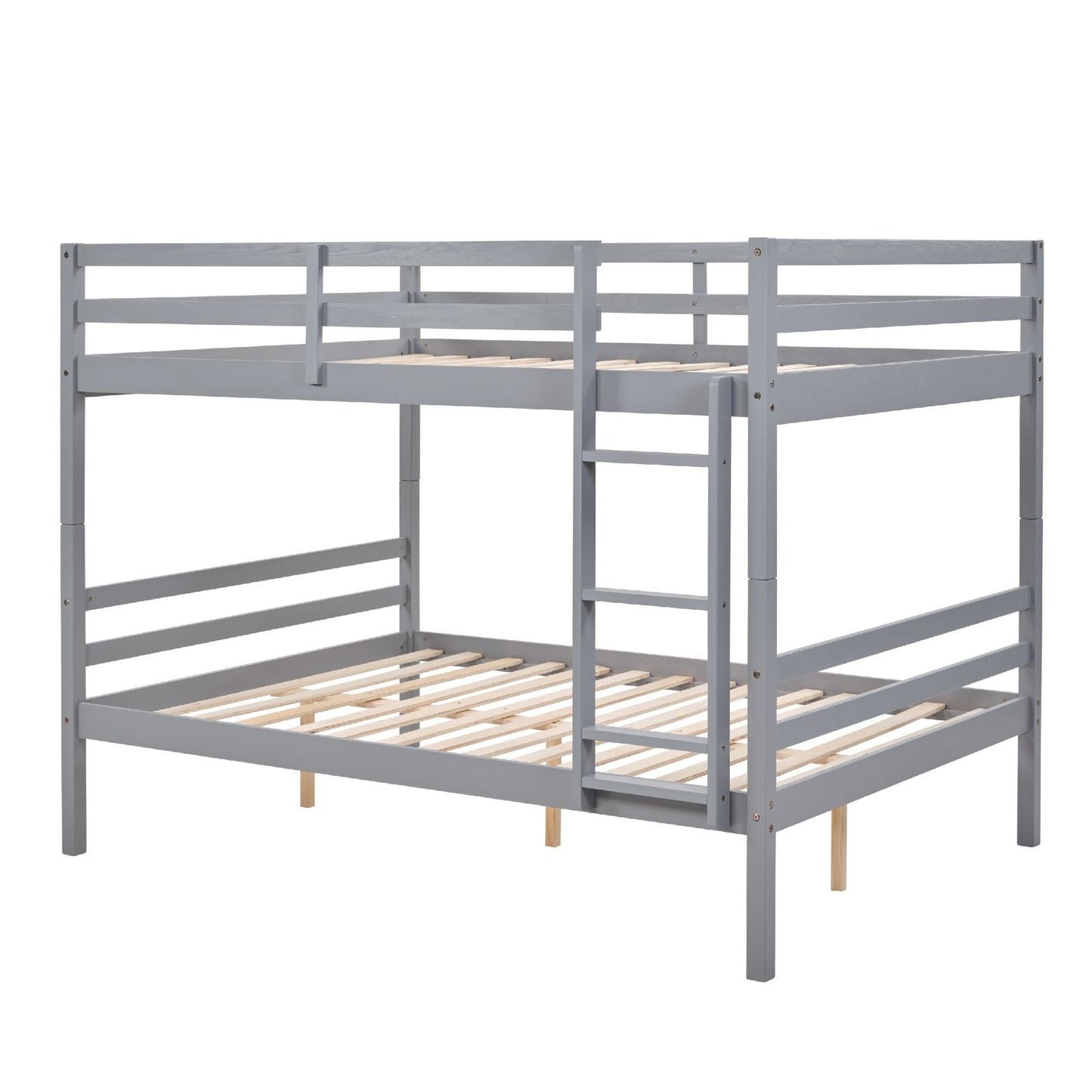 Space-Saving Full Over Full Wood Bunk Bed, Gray with Ladder and High Guardrail | Just Better Bunk Beds
