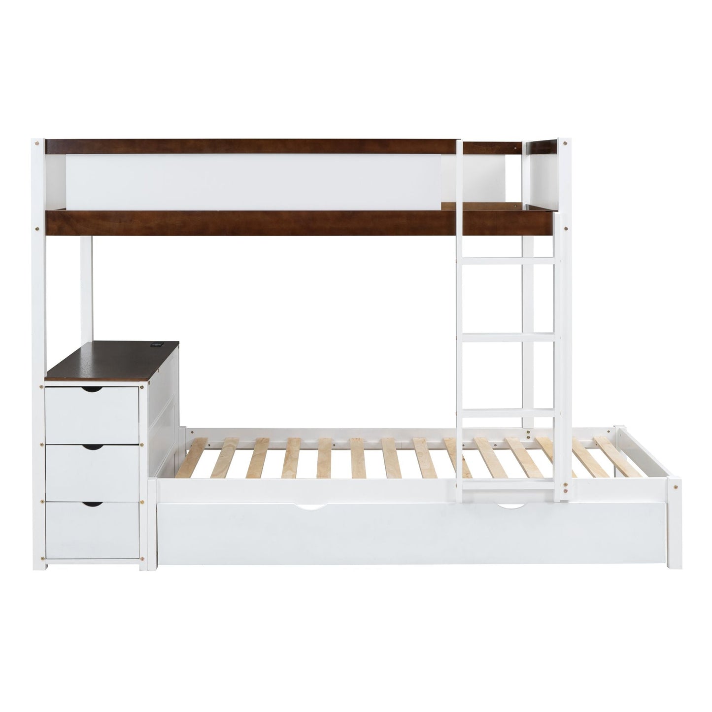 Multi-Functional Twin Over Twin Wood Bunk Bed with Trundle, Storage and Desk, White Walnut | Just Better Bunk Beds