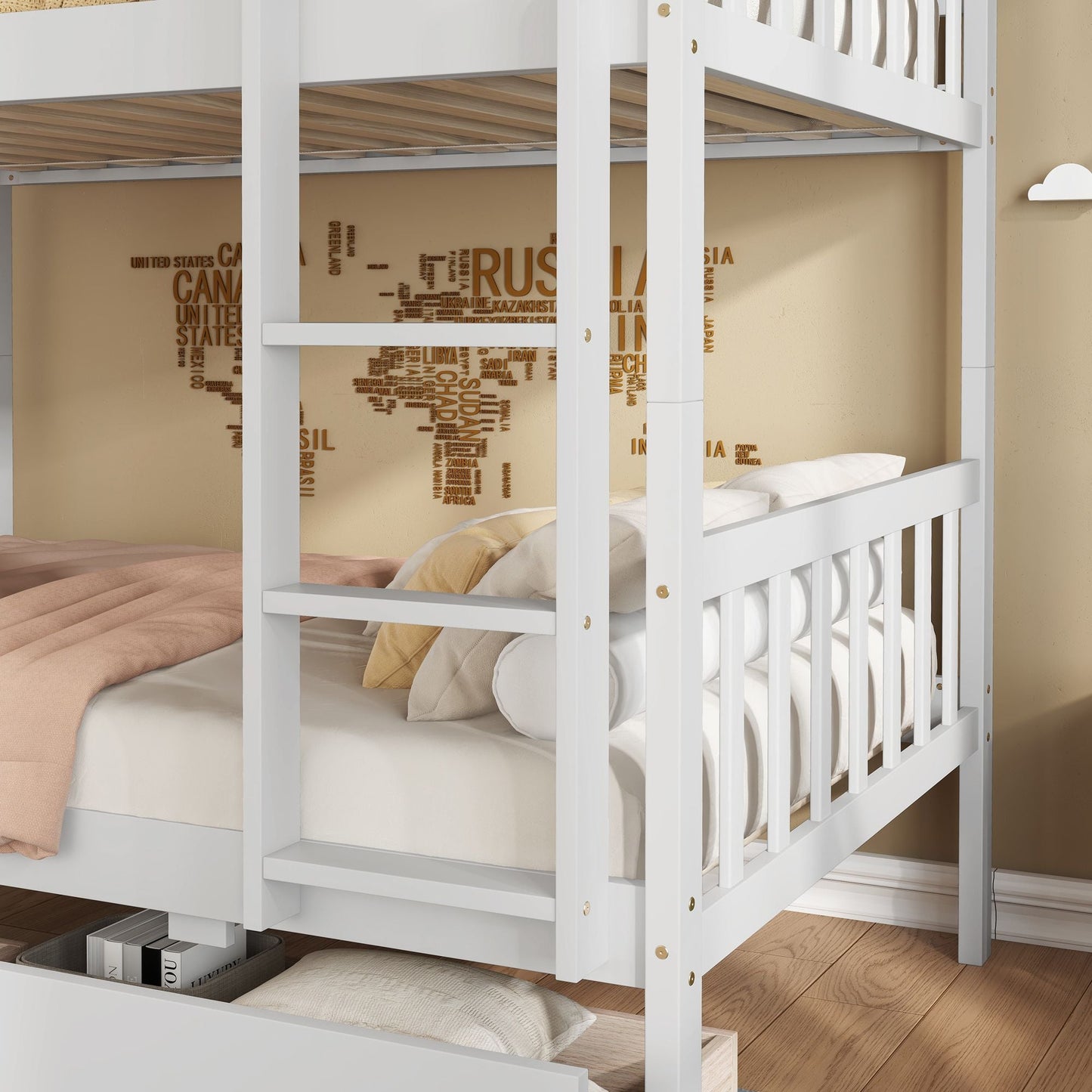 Convertible Twin Over Twin Rubber Wood Bunk Bed with 2 Drawers, Ladder, Safety Guardrails, Gray | Just Better Bunk Beds
