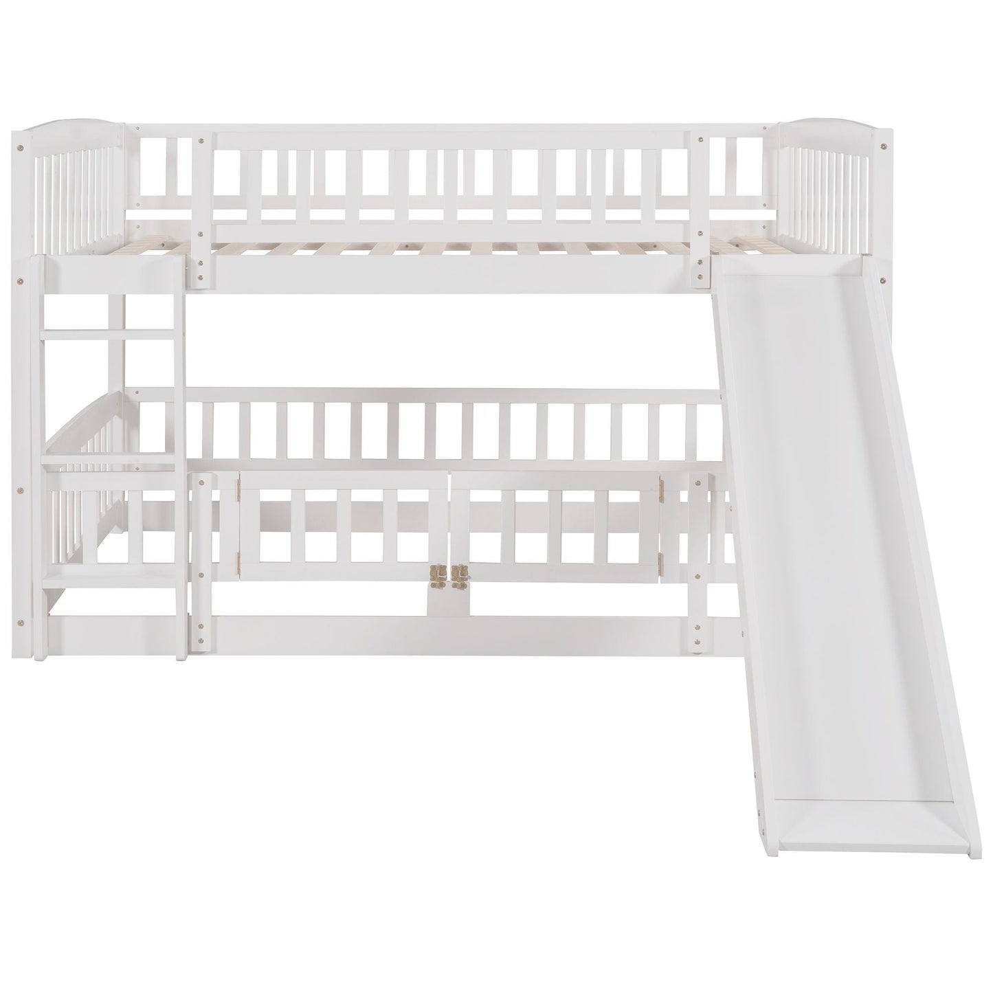 Kids Bedroom Full Over Full Wood Bunk Bed with Slide, Fence, Ladder, White | Just Better Bunk Beds