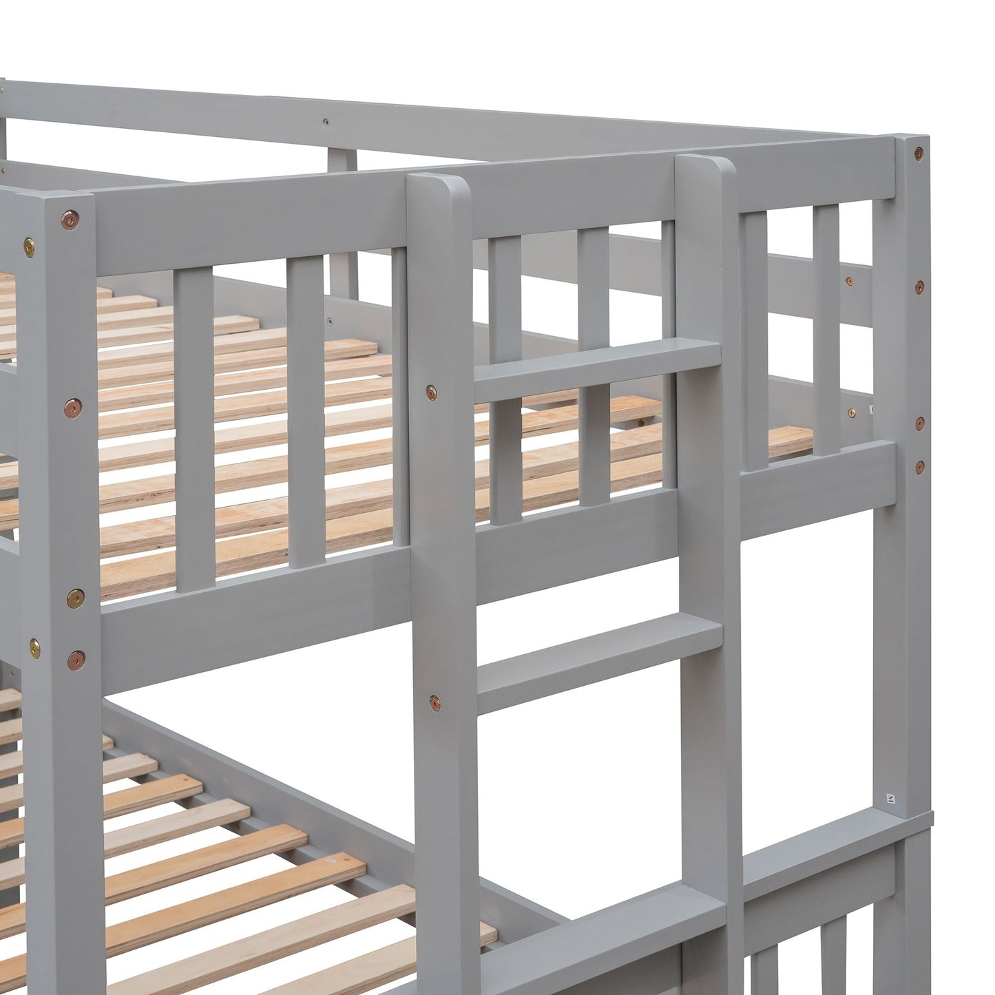 Space-Saving Twin Over Full Wood Bunk Bed with Twin Trundle and Drawers, Gray | Just Better Bunk Beds