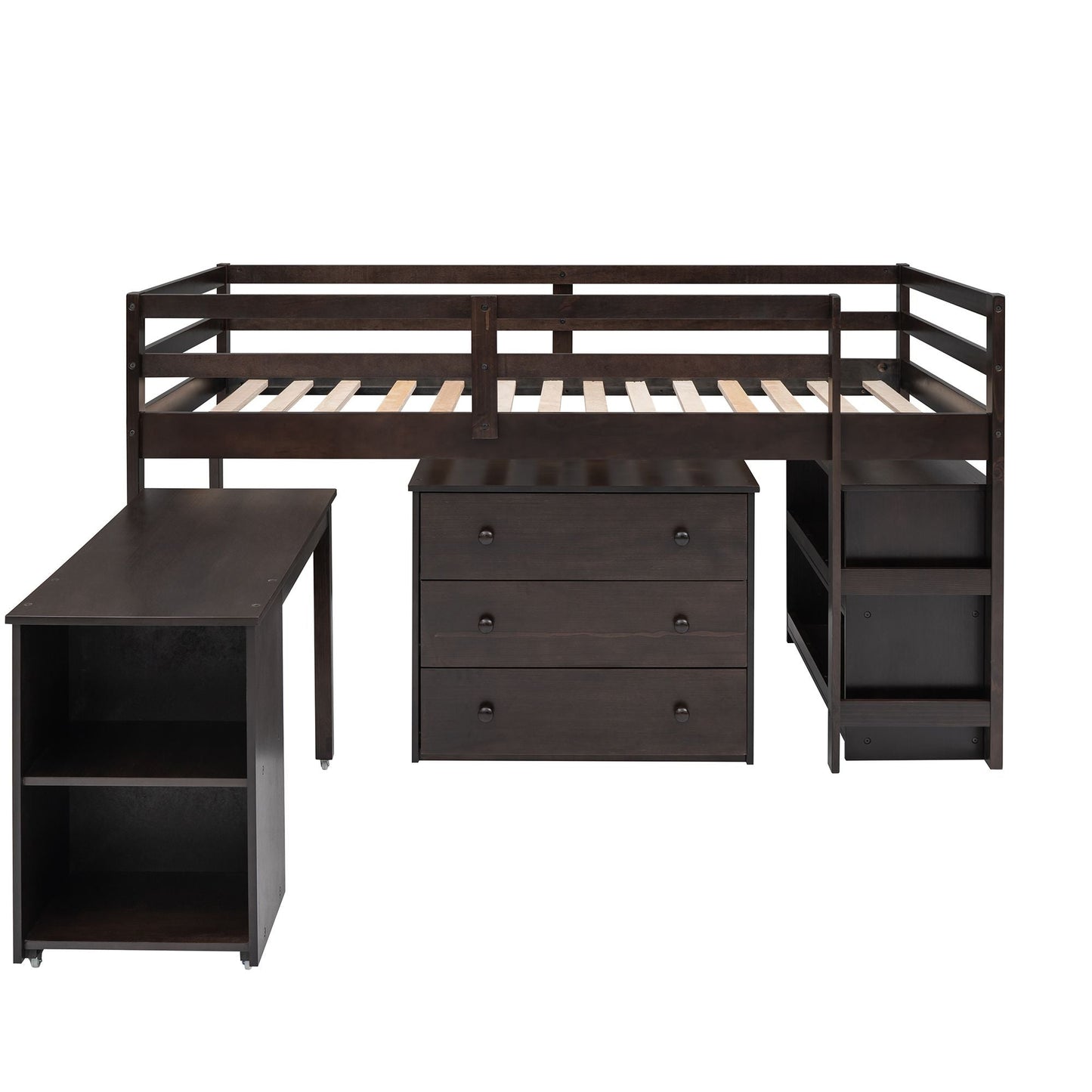 Kids Bedroom Twin Wood Loft Bed with Cabinet and Rolling Desk, White | Just Better Bunk Beds