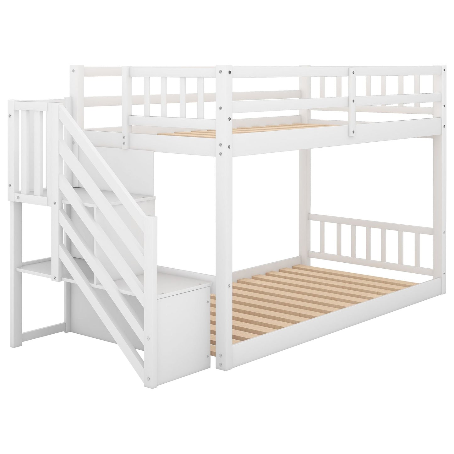 Floor-Level Twin Over Twin Wood Bunk Bed with Ladder and Storage, White | Just Better Bunk Beds