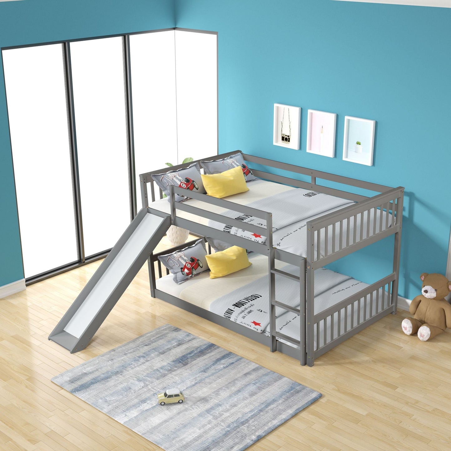 Space-Saving Full Over Full Wood Bunk Bed with Slide and Safety Guardrails, White | Just Better Bunk Beds