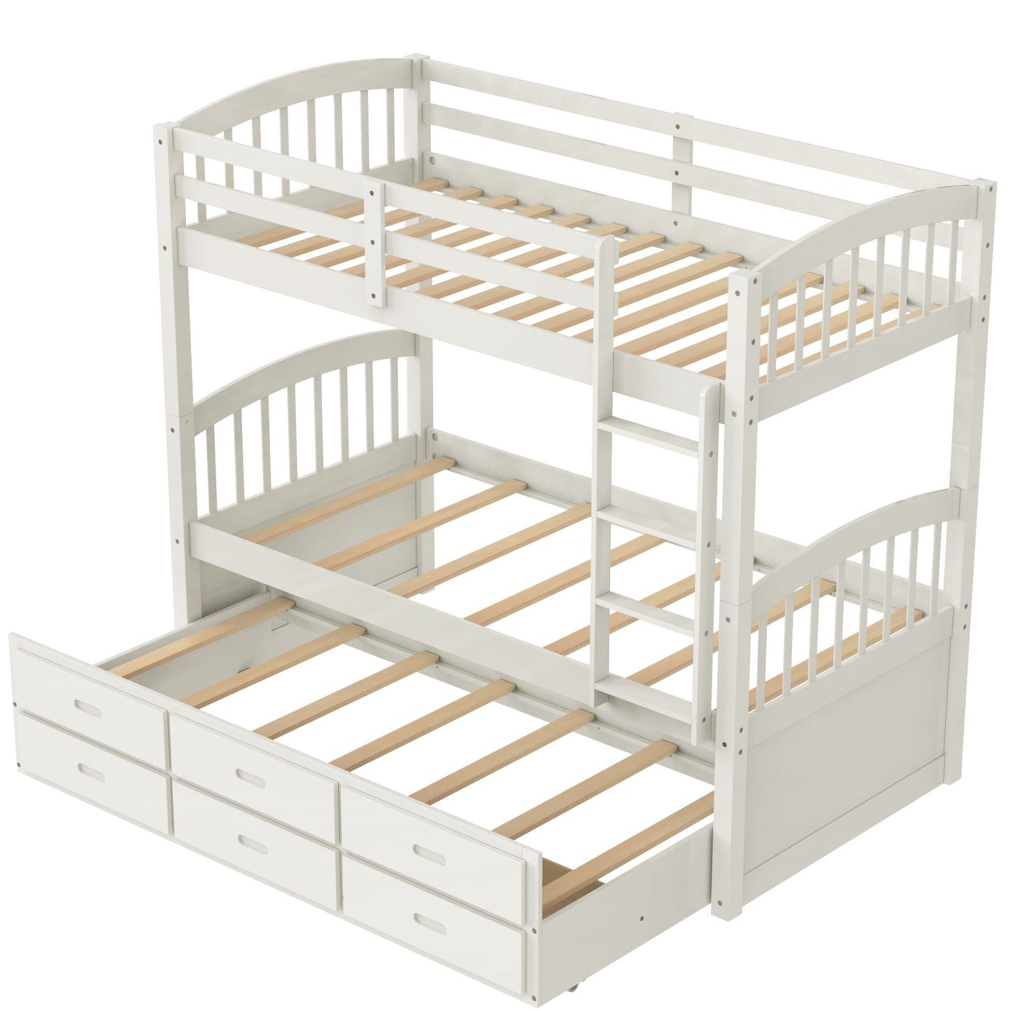 Space-Saving Twin Over Twin Wood Bunk Bed with Trundle and Drawers, White | Just Better Bunk Beds