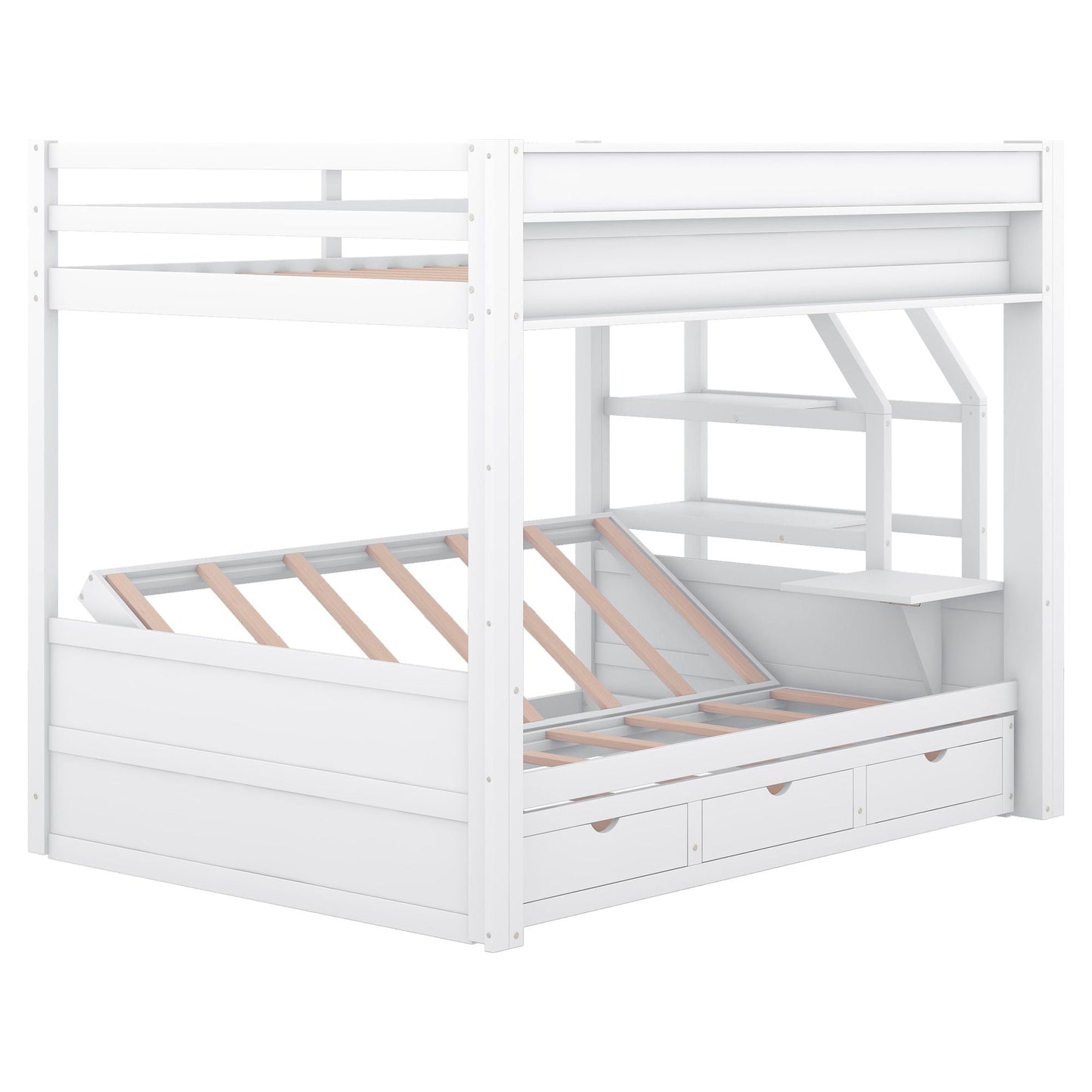 Convertible Full Wood Bunk Bed with Storage Staircase, Bedside Table, 3 Drawers, White | Just Better Bunk Beds