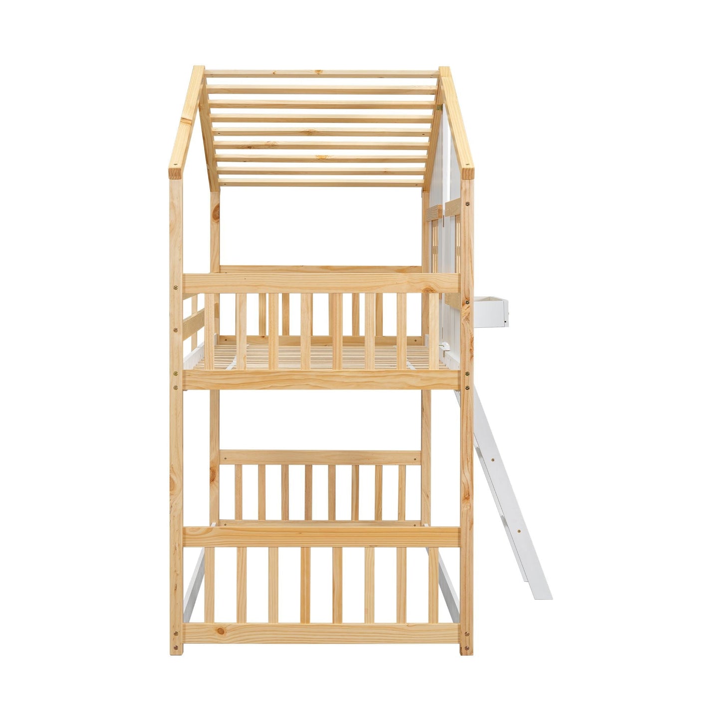 House-Style Twin Over Twin Wood Bunk Bed with Roof, Window, Door, and Ladder, Multiple Colors | Just Better Bunk Beds