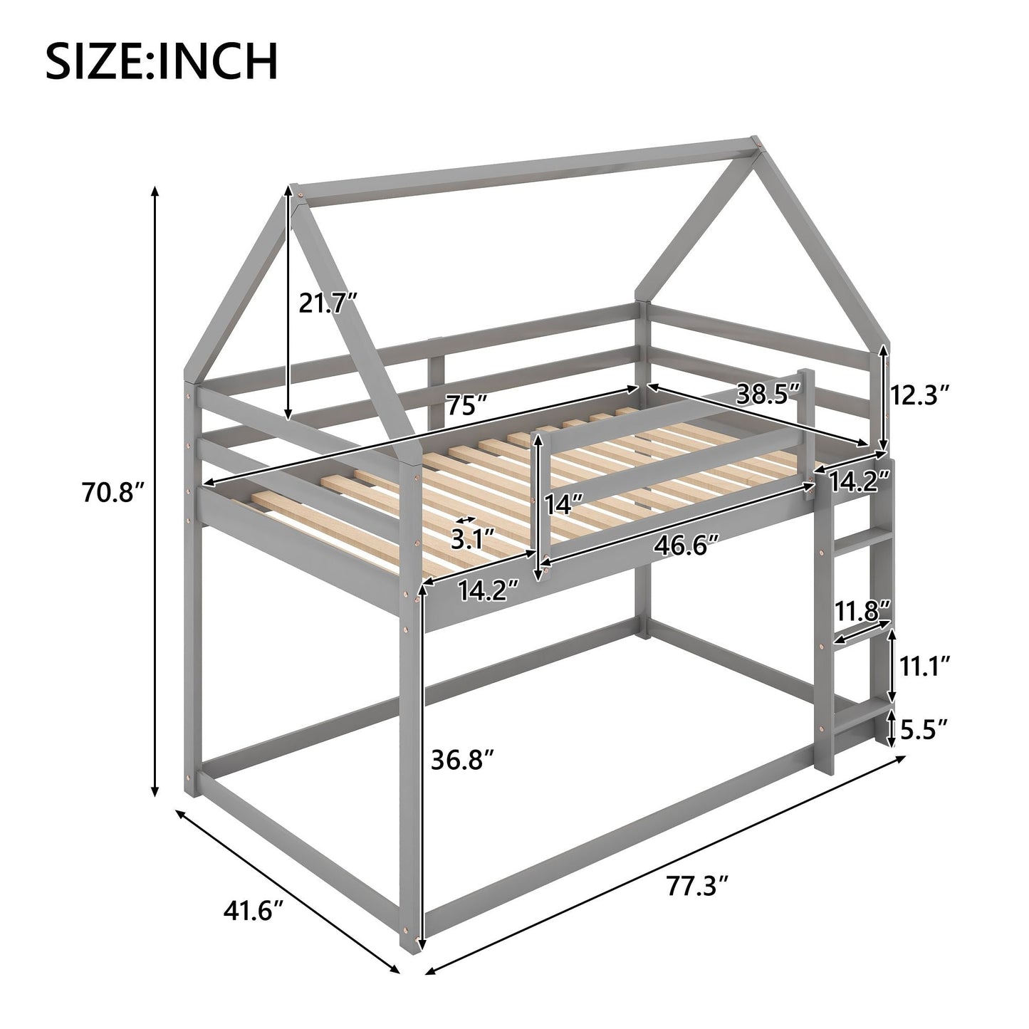 House-Style Twin Over Twin Low Wood Bunk Bed with Ladder, Gray | Just Better Bunk Beds