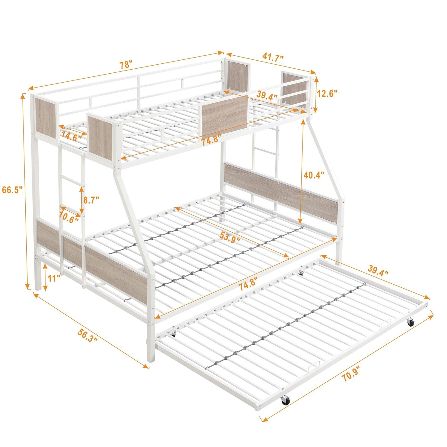 Twin Over FULL Metal Bunk Bed with Trundle 2 - Side Ladder and Full-Length Guardrail,  No Box Spring Needed,  Large Under Bed Storage,  Easy Assemble