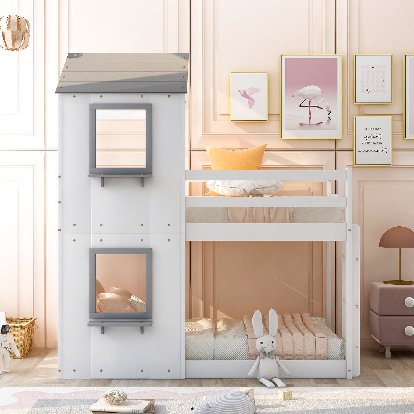 Kids Bedroom Twin Over Twin Wood Bunk Bed with Roof, Window, Guardrail, Ladder, White | Just Better Bunk Beds