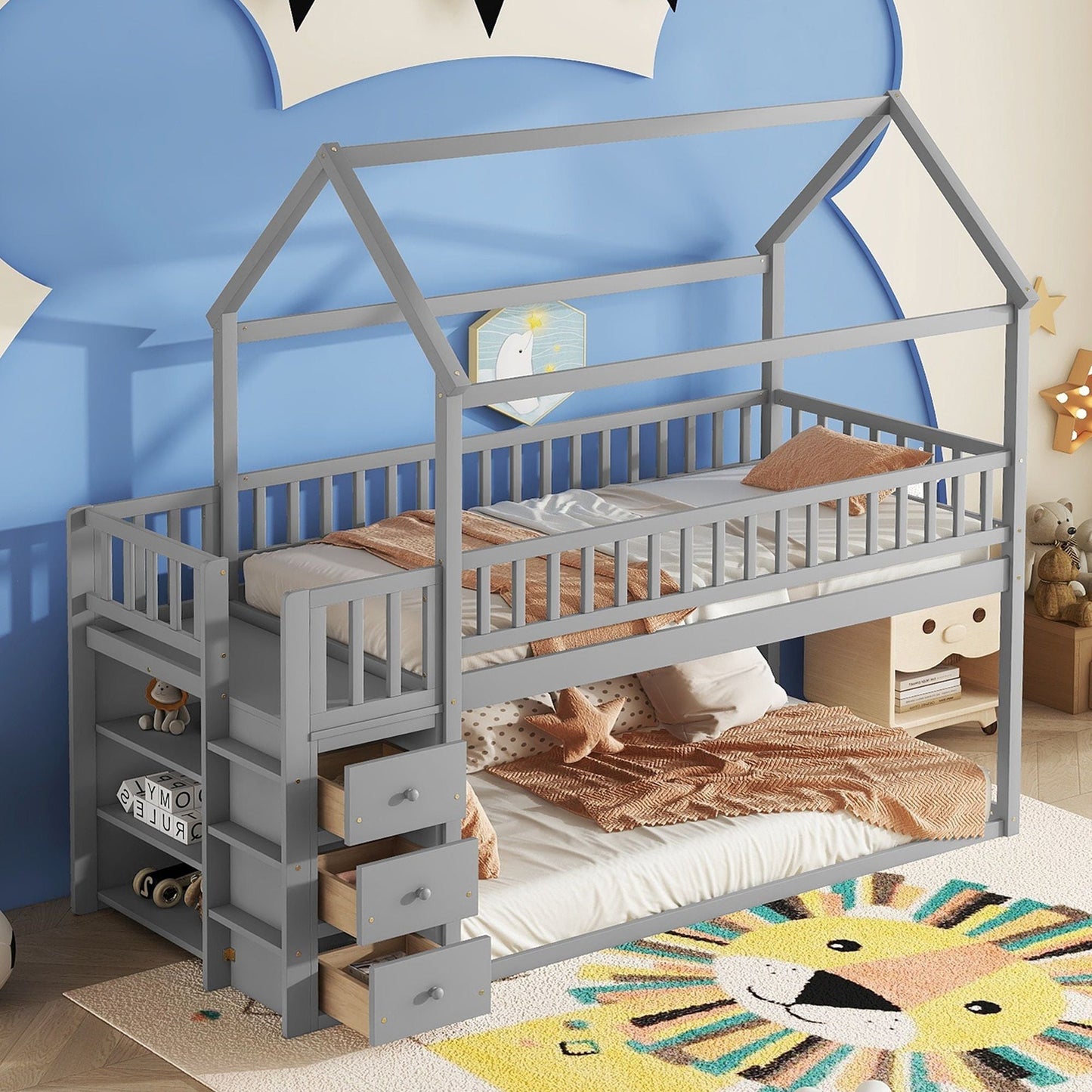 House-Style Twin Over Twin Wood Bunk Bed with Shelves and Drawers, Gray | Just Better Bunk Beds