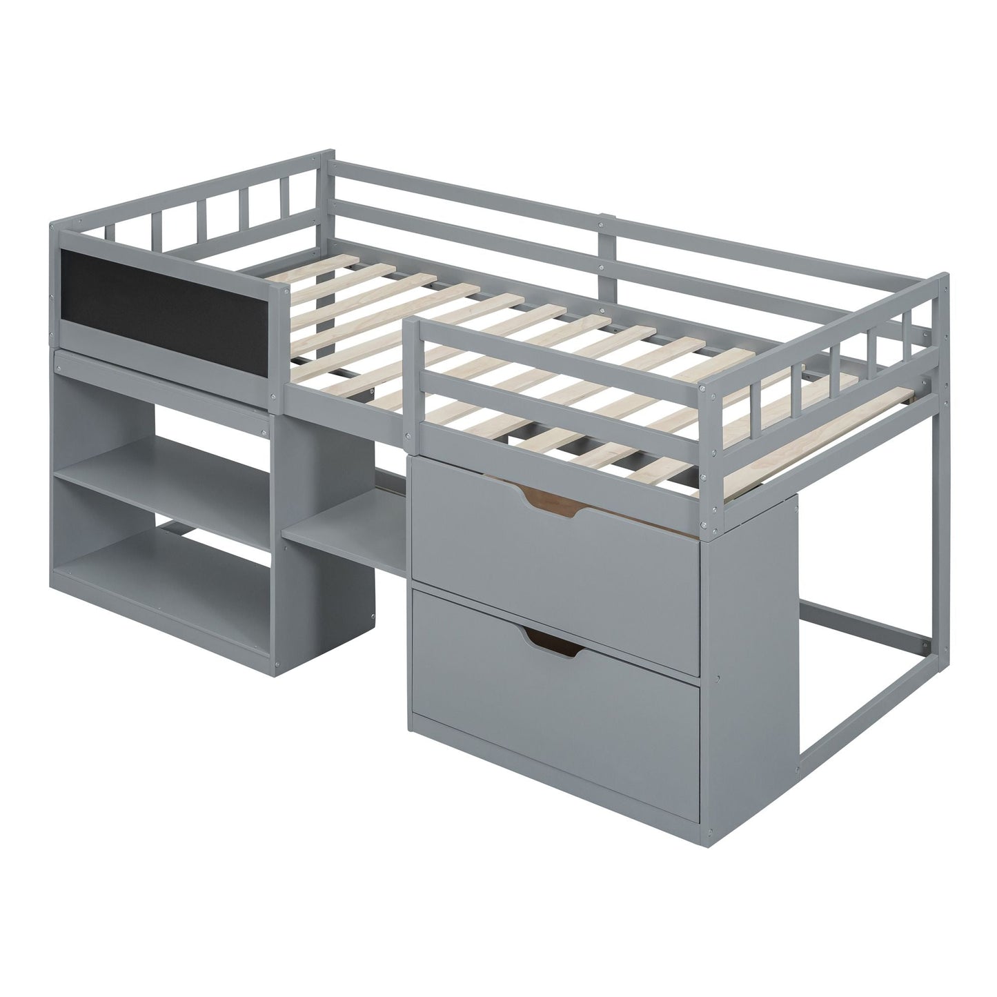 Space-Saving Twin Low Loft Wood Bed with Rolling Desk, Shelf, Drawers, White | Just Better Bunk Beds