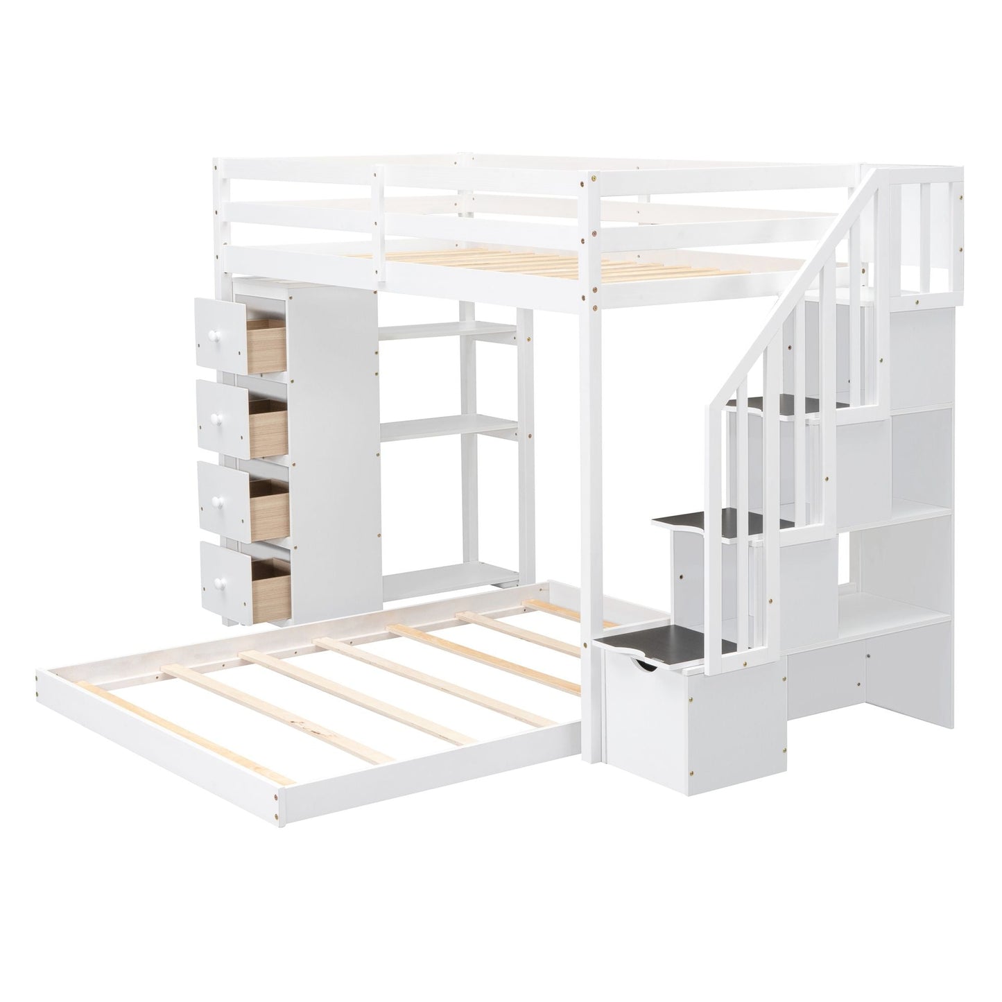 Storage Staircase Twin Over Full Wood Bunk Bed with 3-Layer Shelves and Drawers, White | Just Better Bunk Beds