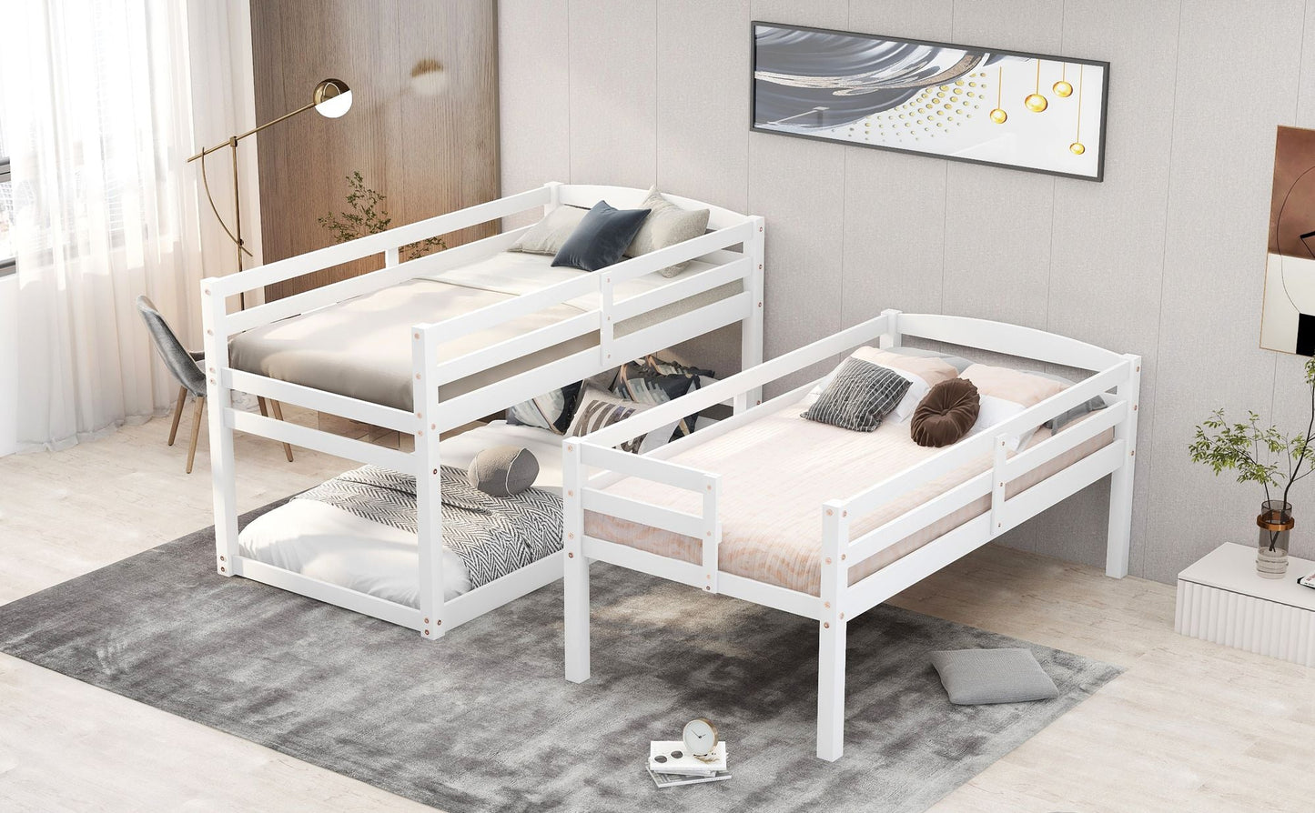 Shared Room Solution Twin Triple Wood Bunk Bed with Storage Staircase, White | Just Better Bunk Beds