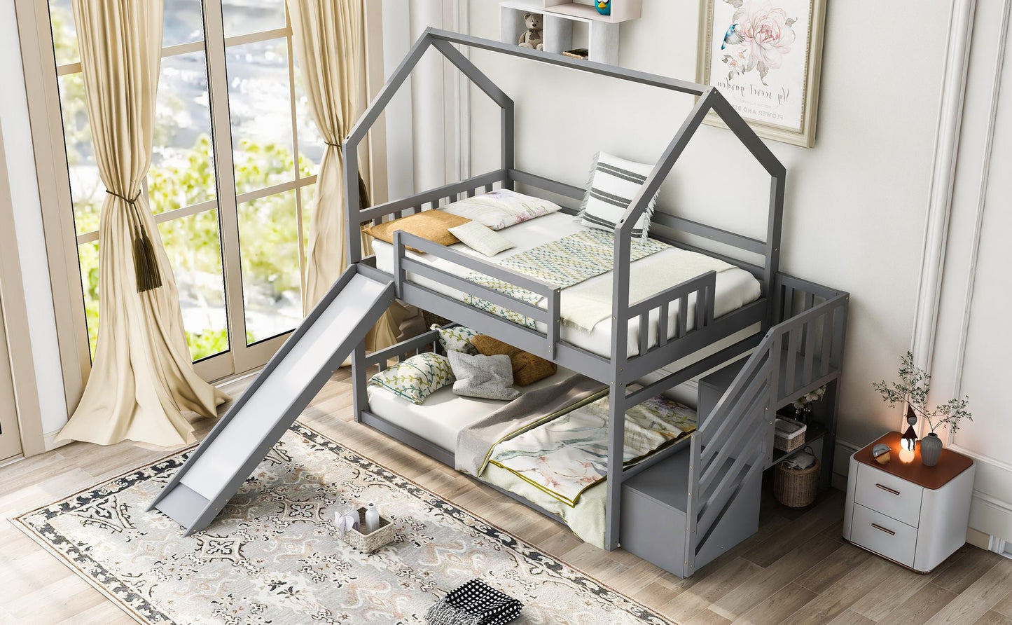 House-Style Twin Over Twin Wood Bunk Bed with Convertible Slide and Storage Staircase, Gray | Just Better Bunk Beds