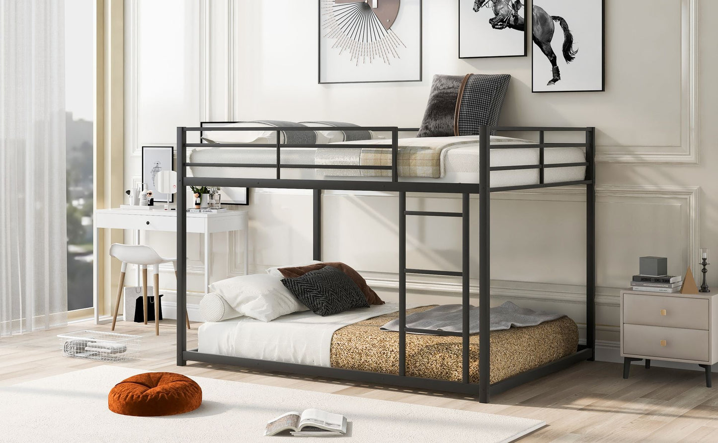 Space-Saving Low Full Over Full Metal Bunk Bed with Ladder, Black | Just Better Bunk Beds