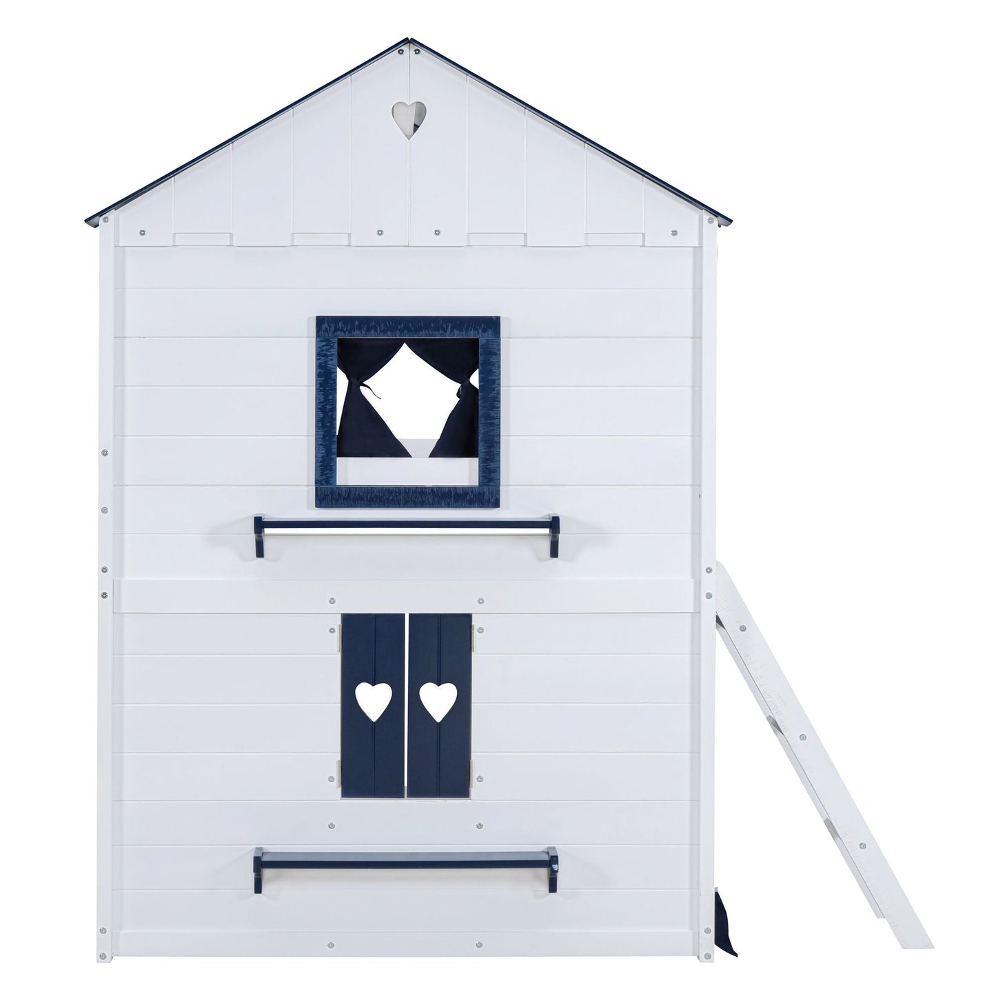Kids Bedroom Full Wood House-Style Bunk Bed with Windows and Tent, Blue White | Just Better Bunk Beds