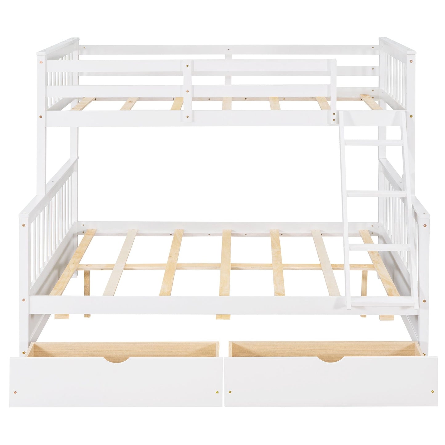 Heavy-Duty Twin Over Full Wood Bunk Bed with Ladders and Two Storage Drawers, White | Just Better Bunk Beds