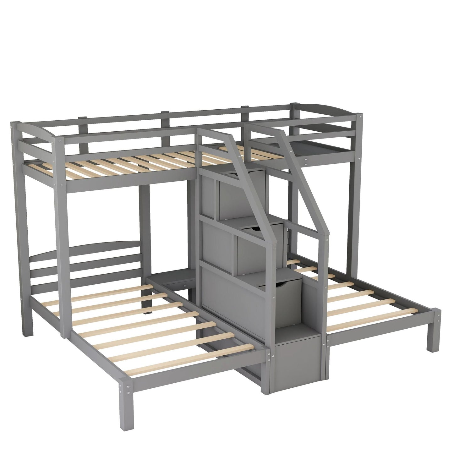 Built-In Staircase Twin Over Twin Over Twin Wood Bunk Bed, Gray with Storage Drawer | Just Better Bunk Beds
