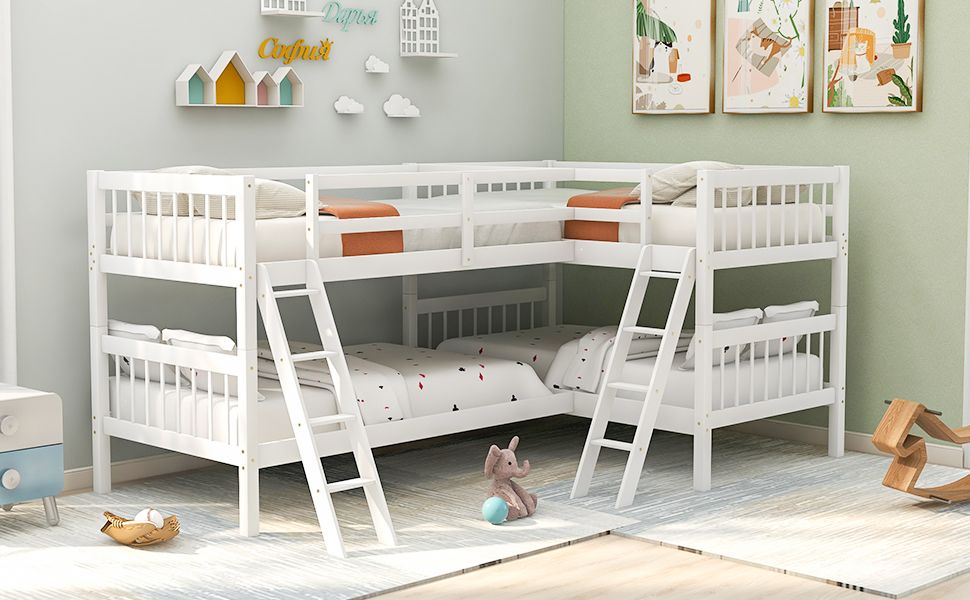 Space-Saving L-Shaped Twin Wood Bunk Bed with Ladder and Safety Guardrail, Gray | Just Better Bunk Beds