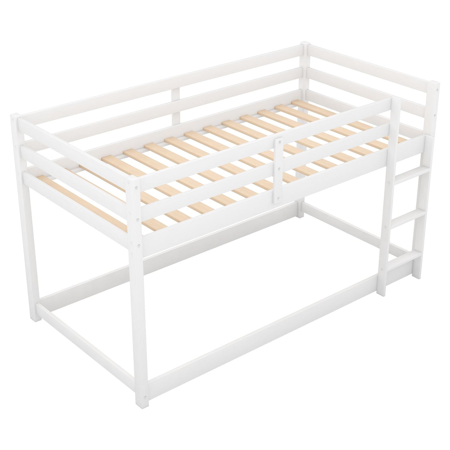 Kids Bedroom Twin Over Twin Wood Floor Bunk Bed with Ladder, White | Just Better Bunk Beds