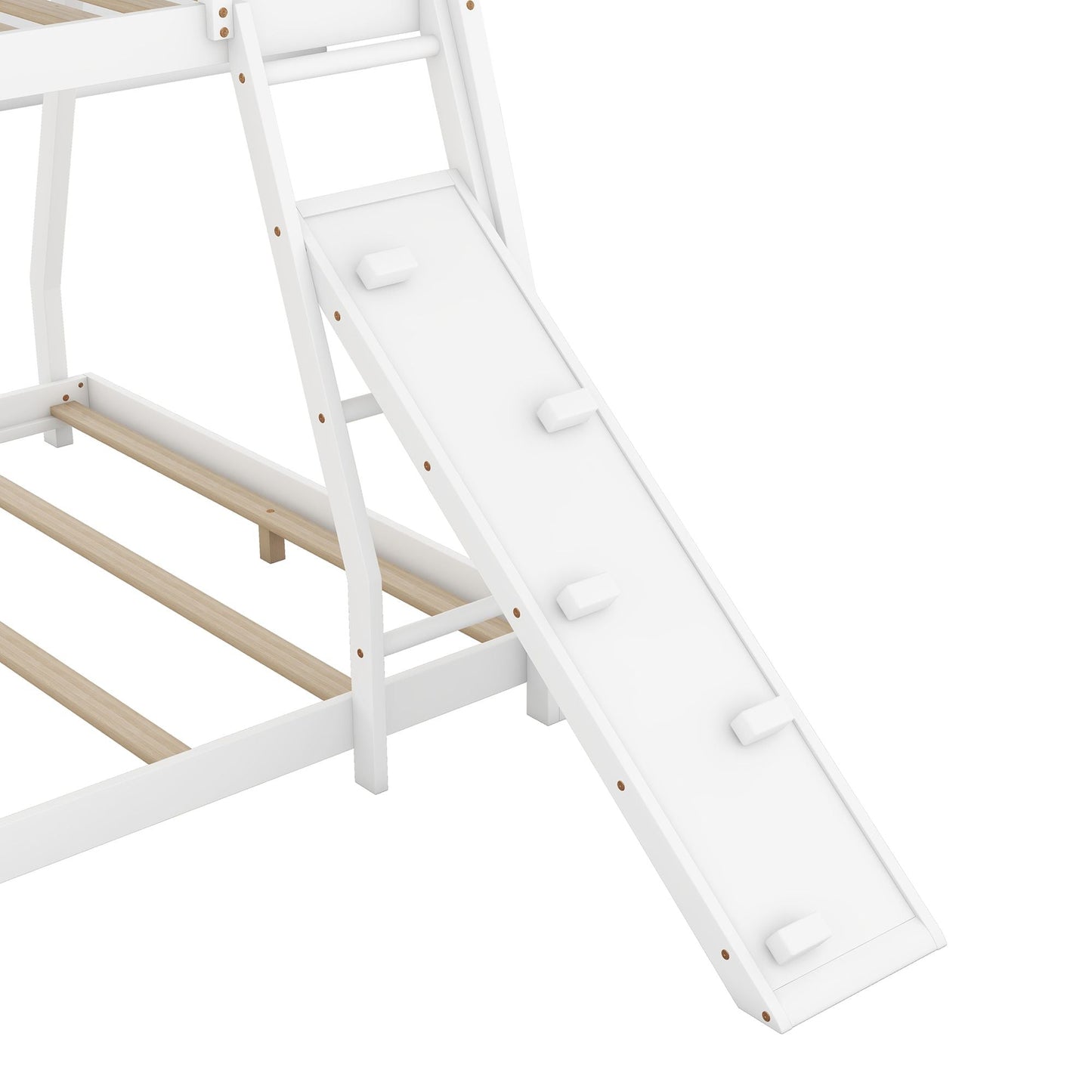 House-Style Twin Over Queen Wood Bunk Bed with Climbing Nets and Ramp, White | Just Better Bunk Beds