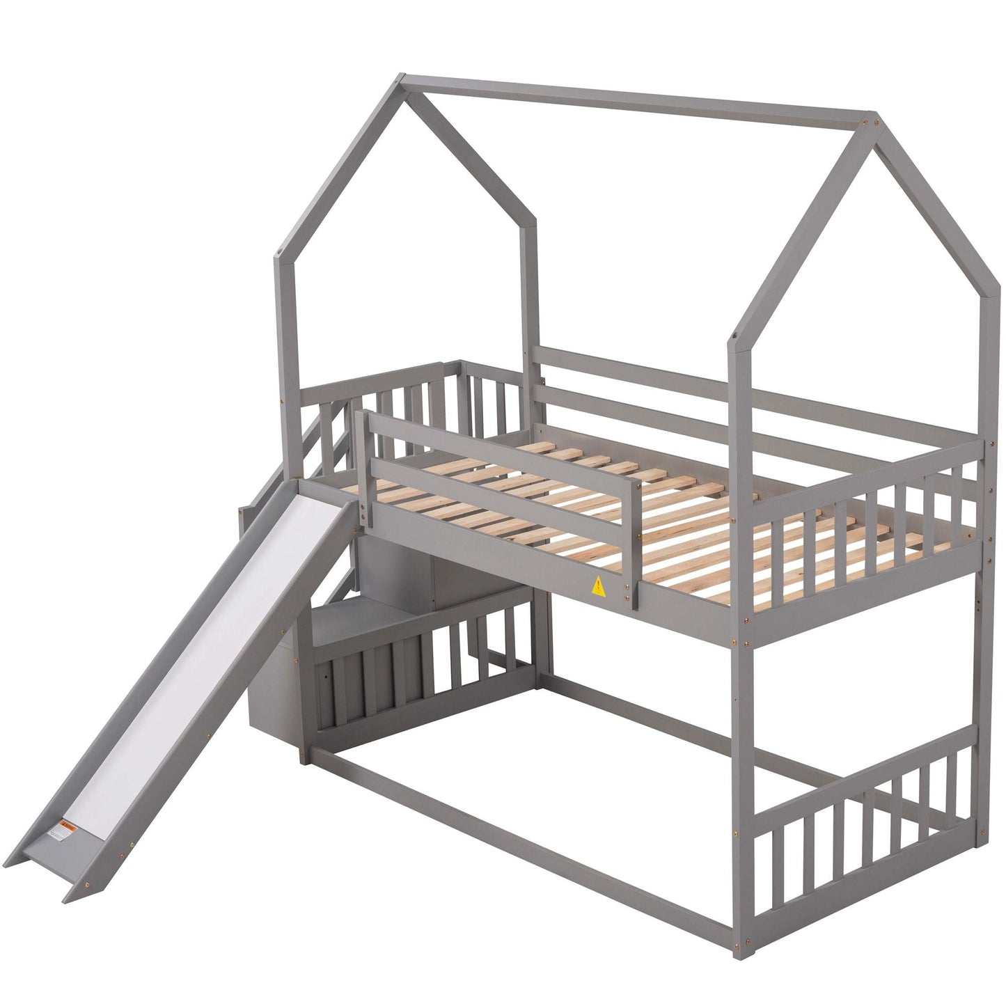 House-Style Twin Over Twin Wood Bunk Bed with Convertible Slide and Storage Staircase, Gray | Just Better Bunk Beds
