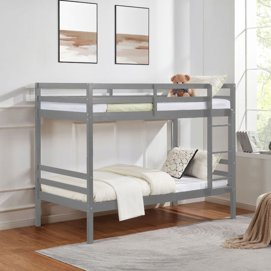Twin over Twin Bunk Bed with Ladder,Wooden Bunk Bed with High Guardrail and Ladder for Kids, Teens, Dorm Rooms, and Guest Rooms,No Box Spring Needed,Grey