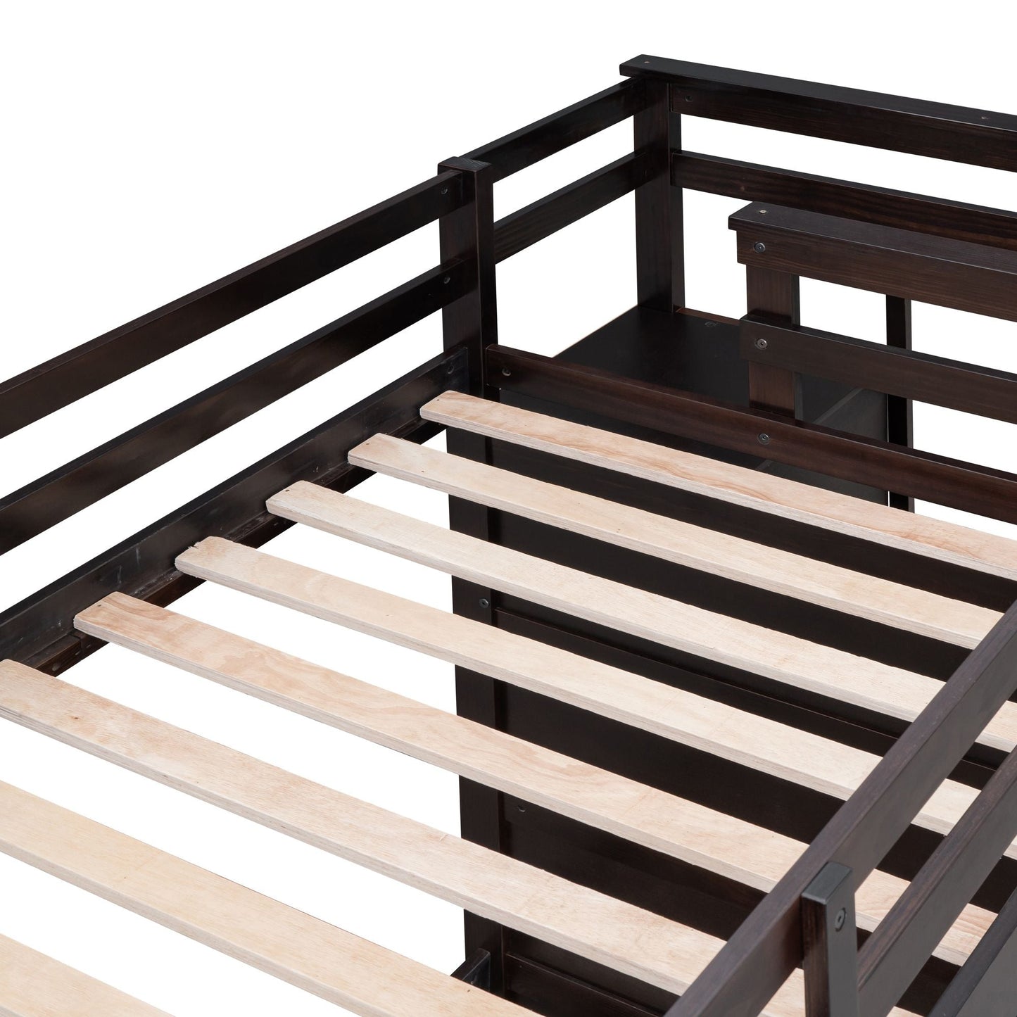 Shared Room Solution Twin Over Twin Wood Bunk Bed with Trundle and Staircase, Espresso | Just Better Bunk Beds