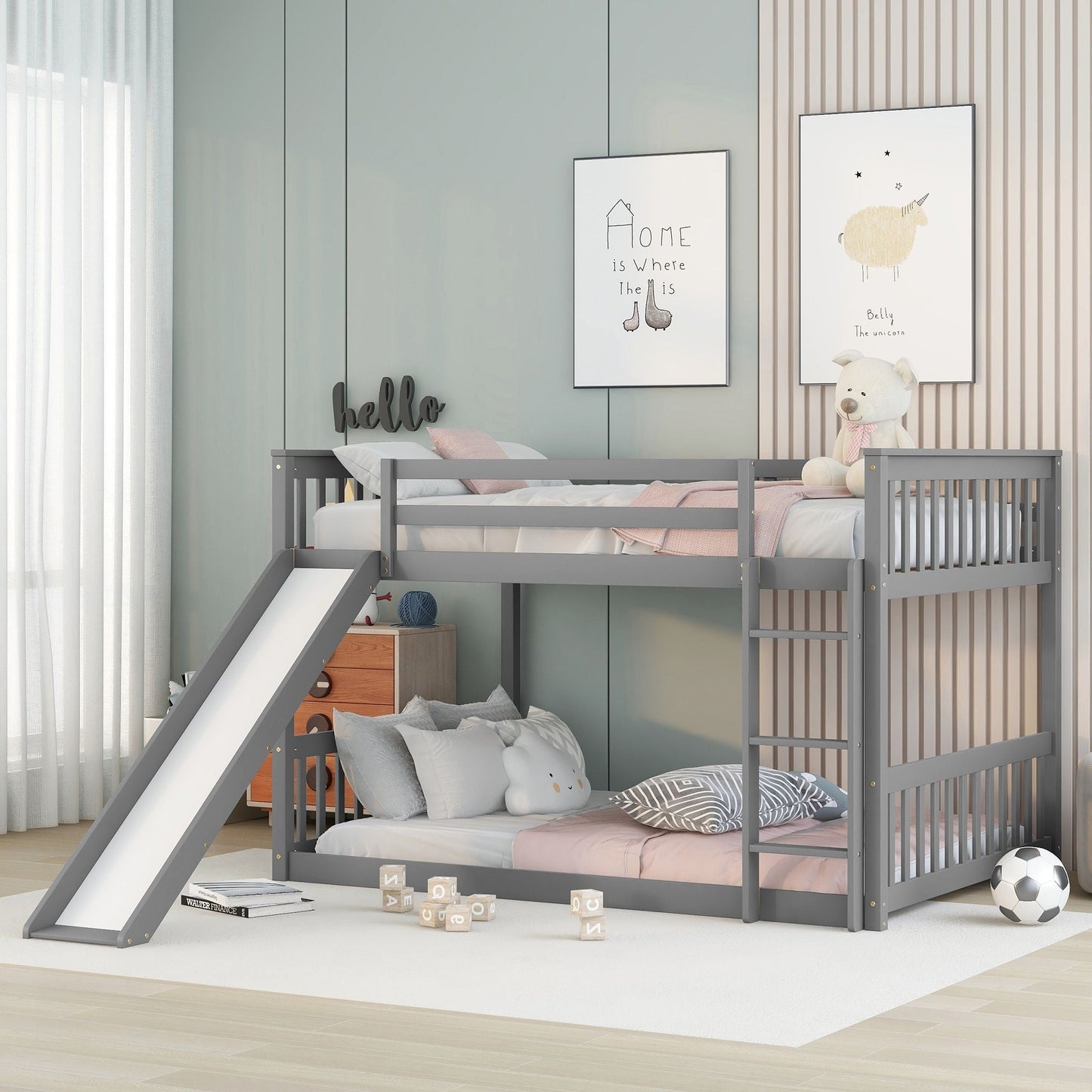 Space-Saving Full Over Full Wood Bunk Bed with Slide and Safety Guardrails, White | Just Better Bunk Beds