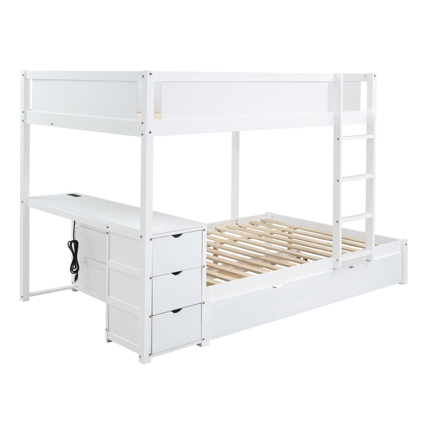 Multi-Functional Full Over Full Wood Bunk Bed with Twin Trundle, Storage, Desk, White | Just Better Bunk Beds