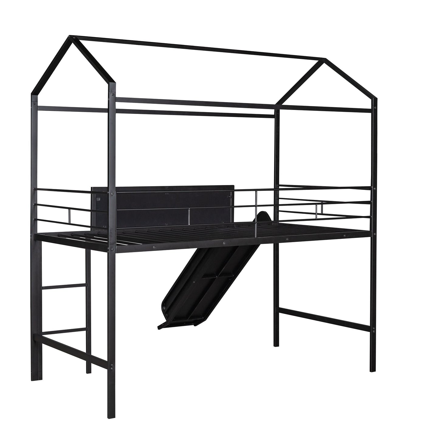 Metal House Bed With Slide,  Twin Size Metal Loft Bed with Two-sided writable Wooden Board (Black )
