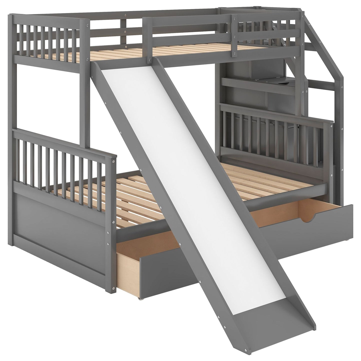 Multifunction Twin Over Full Wood Bunk Bed with Drawers, Storage and Slide, Gray | Just Better Bunk Beds