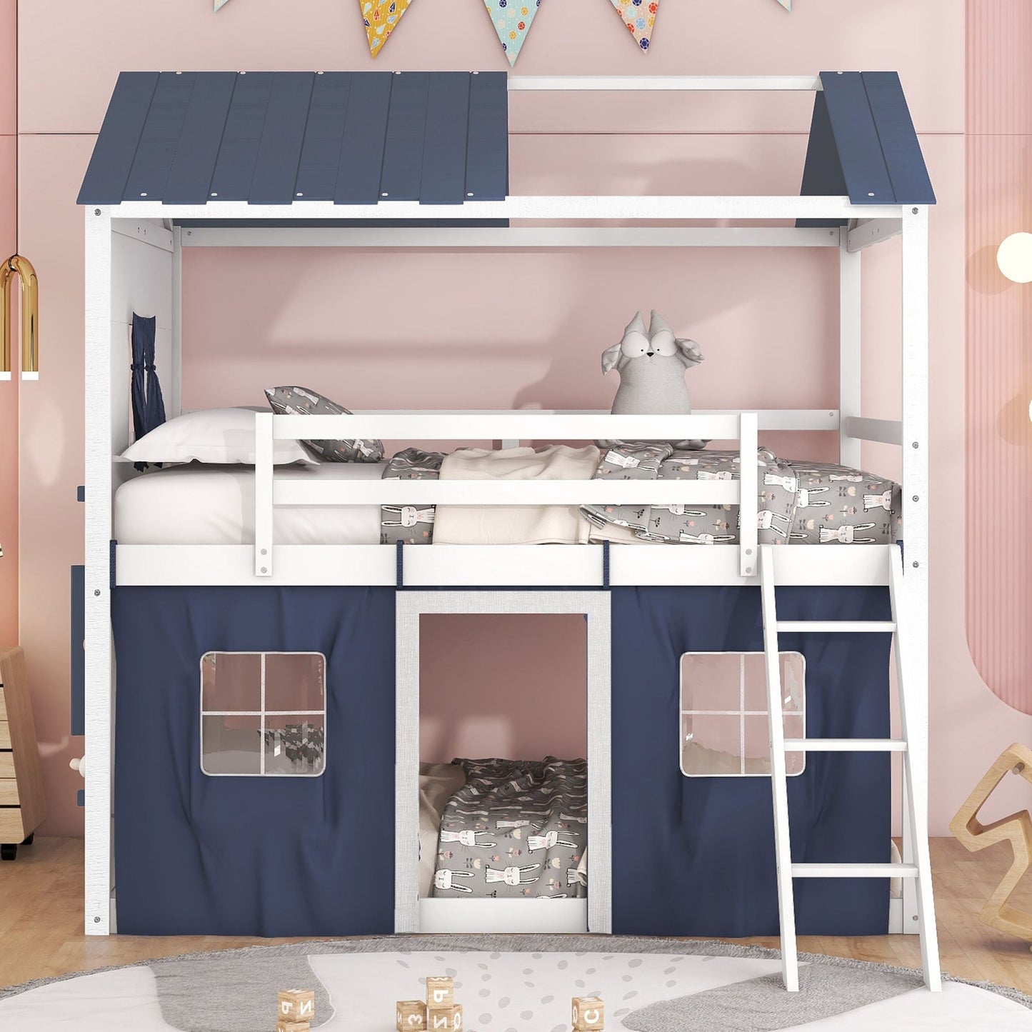 Kids Bedroom Full Wood House-Style Bunk Bed with Windows and Tent, Blue White | Just Better Bunk Beds