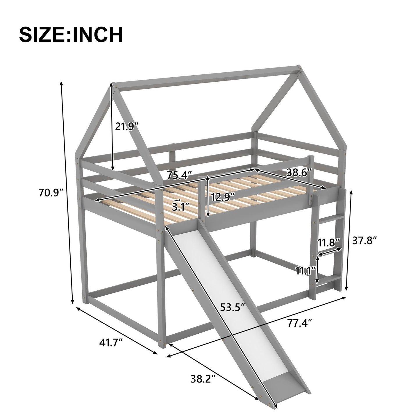 House-Style Low Twin Over Twin Wood Bunk Bed with Ladder, White | Just Better Bunk Beds