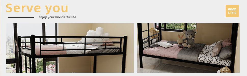Shared Room Solution Twin Over Twin Metal Bunk Bed with Ladder and Guardrail, Convertible, Metal | Just Better Bunk Beds