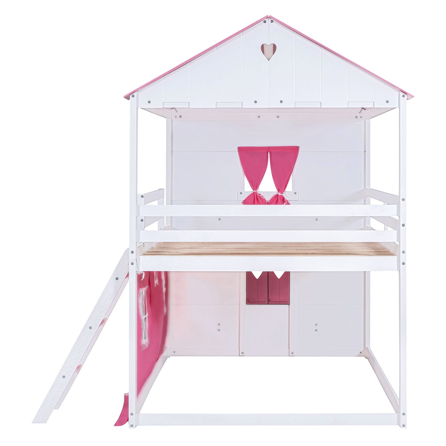 House-Style Full Wood Bunk Bed with Windows, Sills and Tent, Pink and White | Just Better Bunk Beds