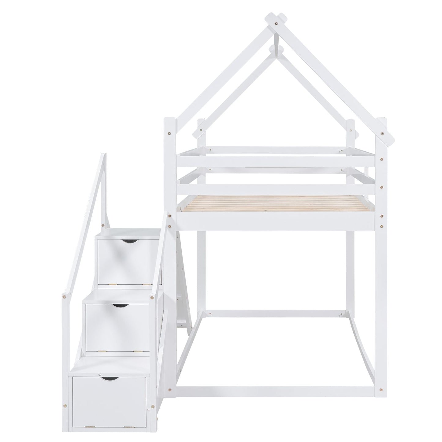 Kids Bedroom Twin Over Twin Wood House Loft Bed with Slide and Staircase, White | Just Better Bunk Beds